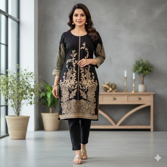 Dresses & Skirts - Black & Gold Embroidered Long Kurta With Floral & Paisley Design 3/4 Sleeves